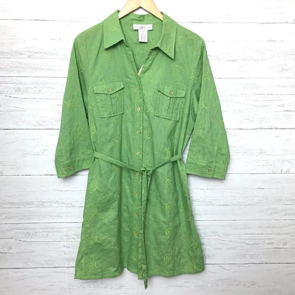 NEW Susan Graver Women's Green Linen Blend Shirt Dress Button Front Belted M